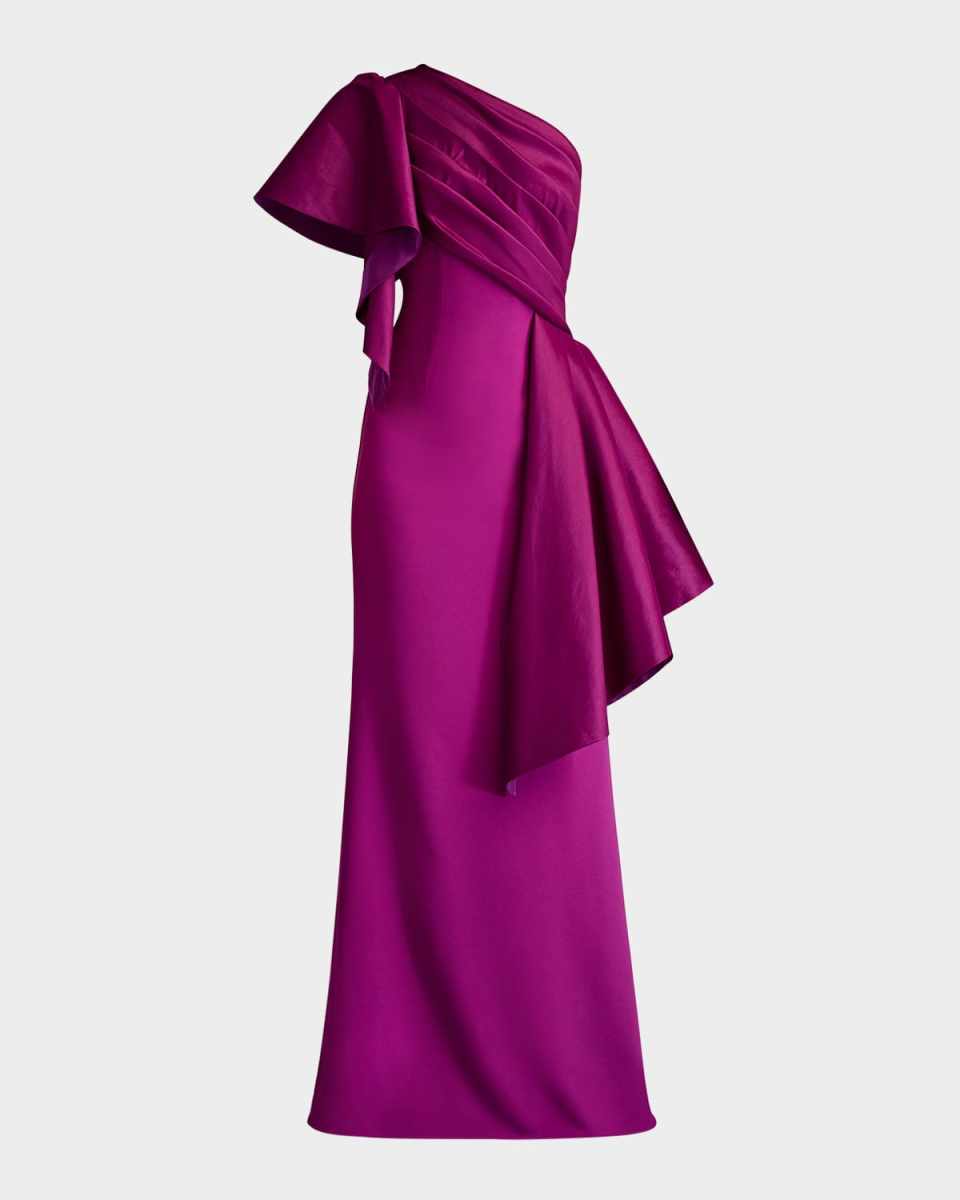 Draped One-Shoulder Taffeta Crepe Gown